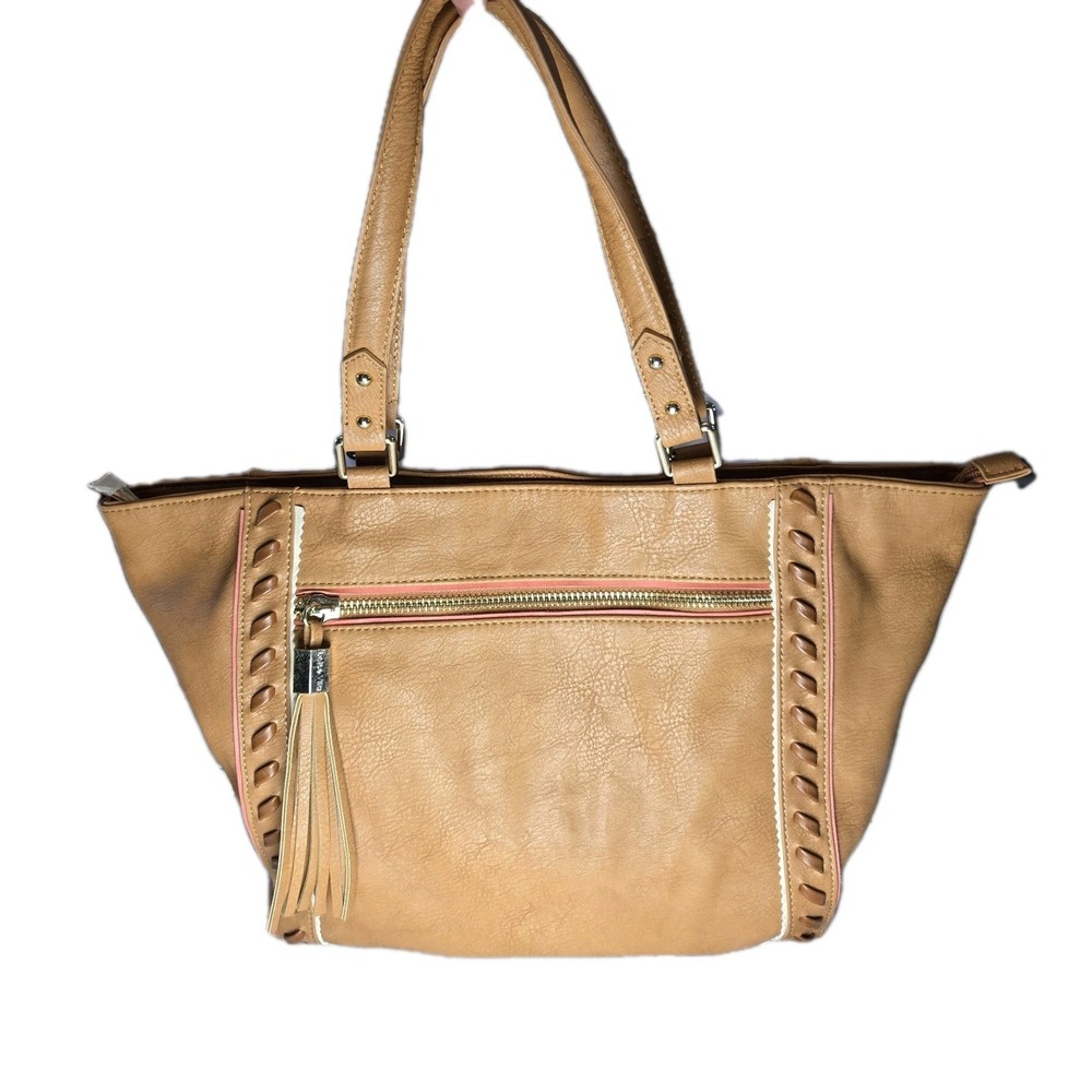 Dolce‎ Vita Faux Leather Tote Bag Tan Whipstitch Tassle  On The Go Carryall
